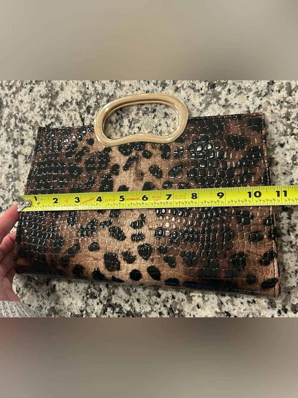 Brown Black Faux Croc Structured Clutch Gold Tone Handle